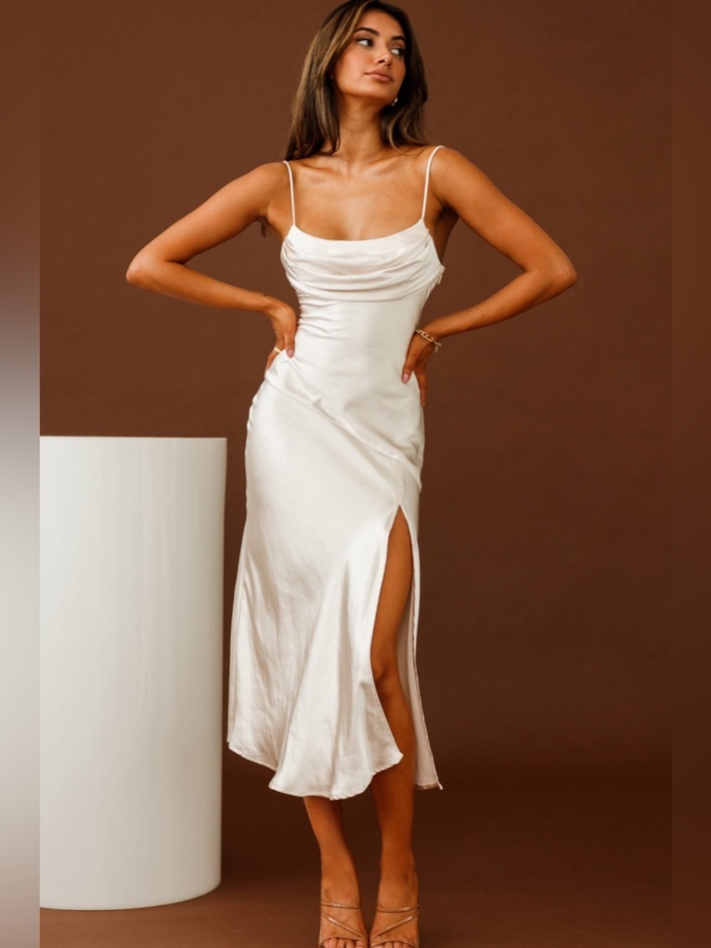 Selfie Leslie Silky Cowl Slip Slit Cream Dress Size Small